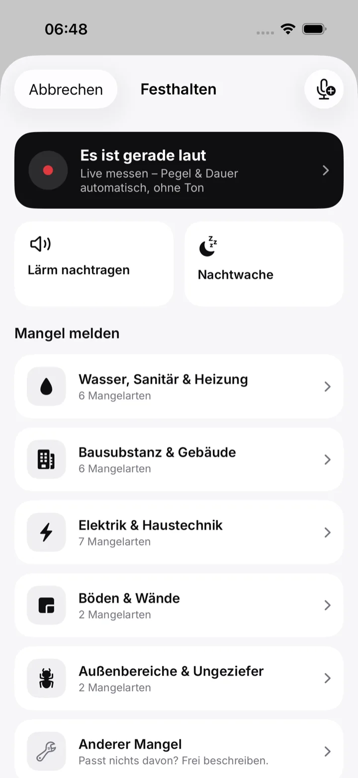 Festhalten-Menü der App mit Lärm-Session und Mangel-Kategorien