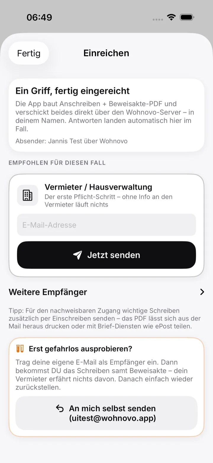 Einreichen-Ansicht mit empfohlenem Empfänger