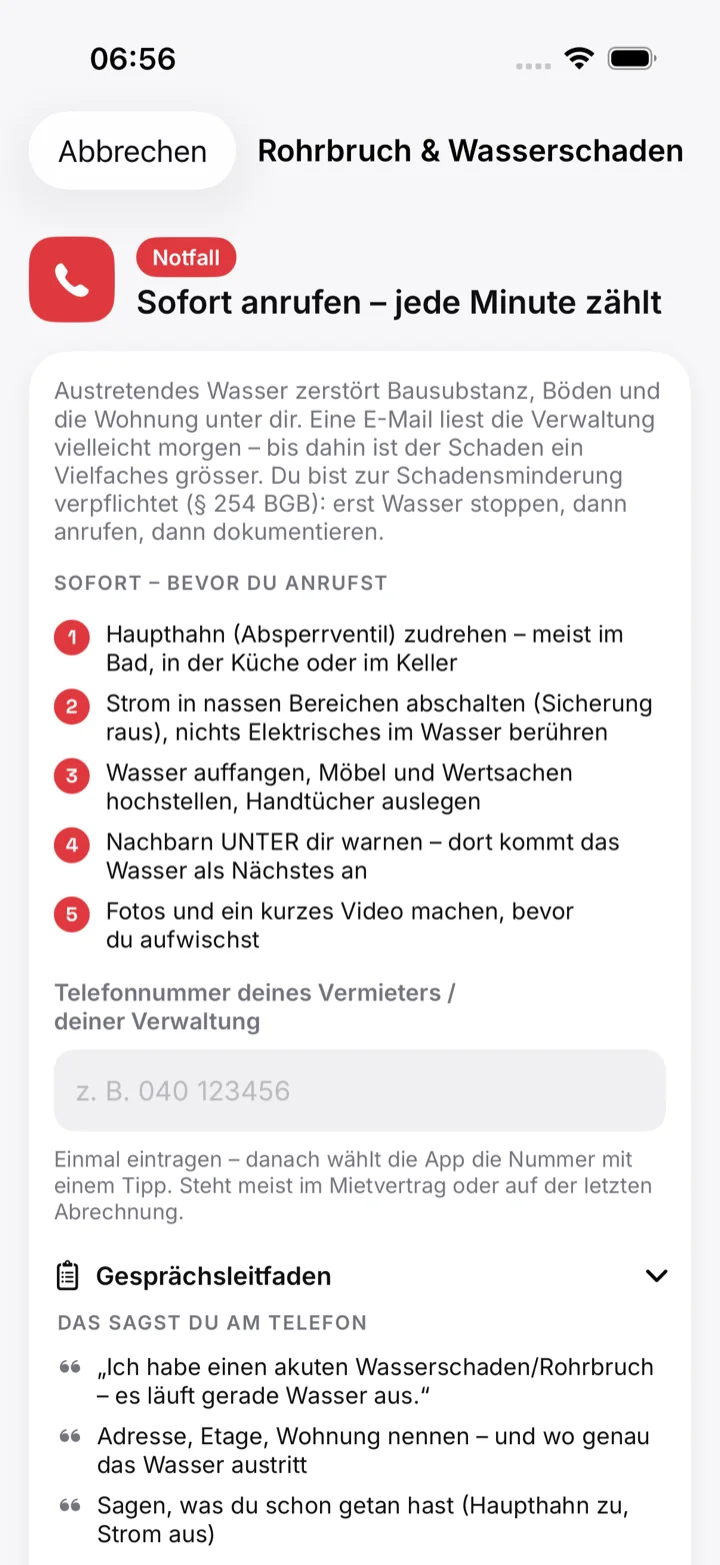 Notfall-Blatt bei Rohrbruch mit Sofortmaßnahmen